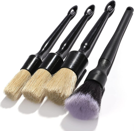 Car Detailing Brush Ultra Soft Boars Hair, 4 PCS Professional Grade Auto Detail Brushes, Perfect for Washing Automotive Exterior Grille, Cleaning Upholstery Interior, Emblems, Air Vent, Vehicle Seat
